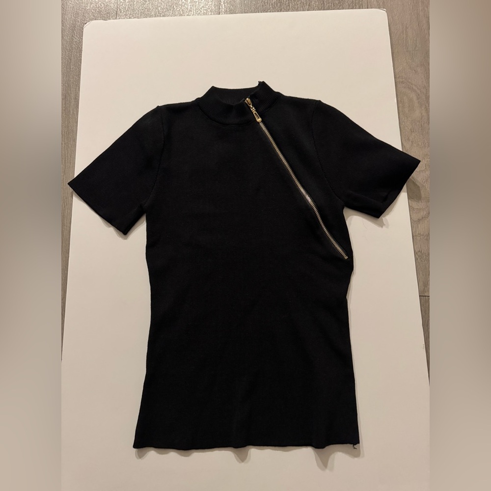 Black Short Sleeve Top with Zipper Detail - OS